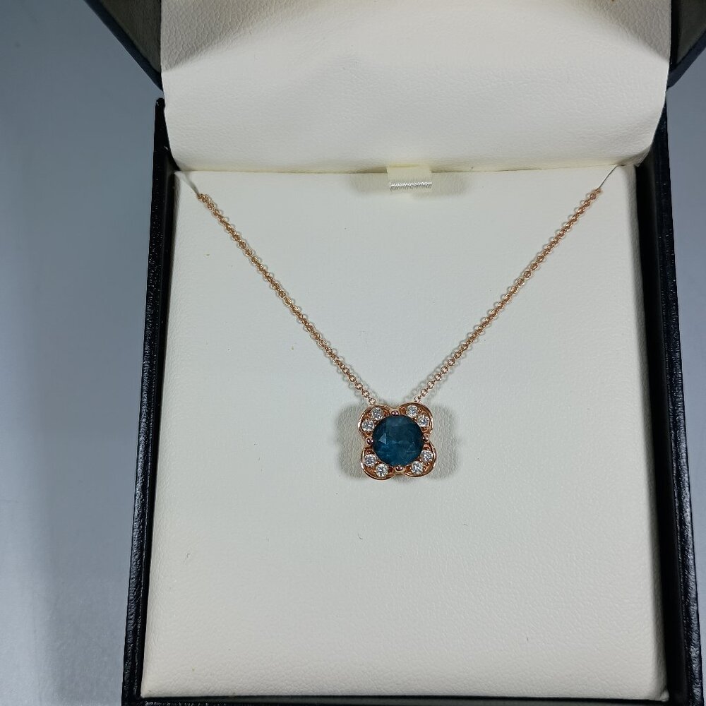 14K Gold Clover London Blue Topaz & Diamonds Necklace Pendent